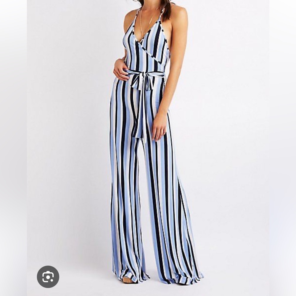 Charlotte Russe Blue and White Striped Jumpsuit with Tie Waist